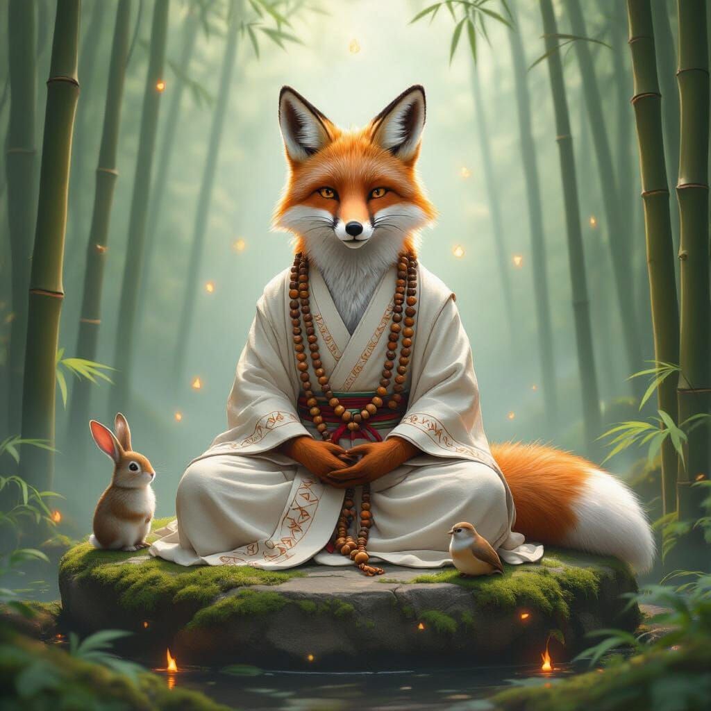 Fox in Bamboo Grove with Eastern Fantasy Elements