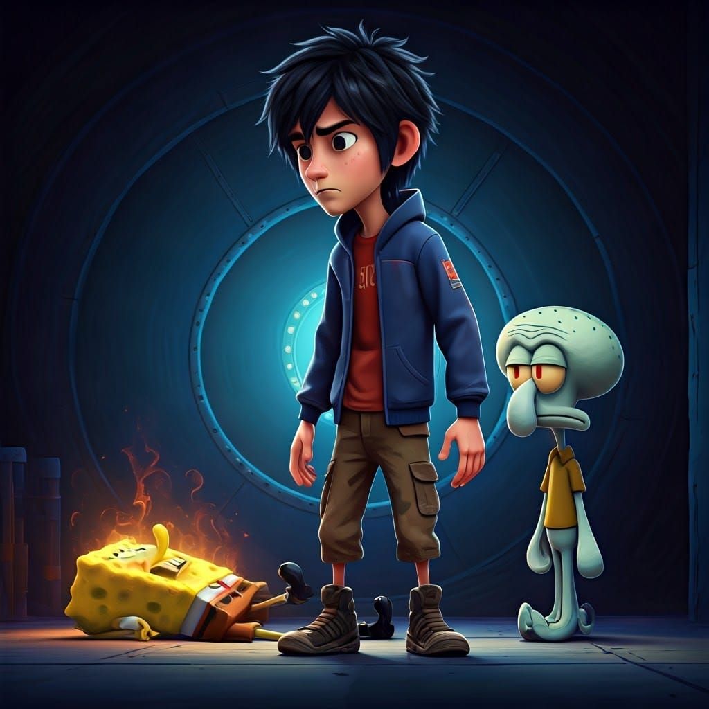 Hiro Hamada Confronts Squidward in Pixar Style