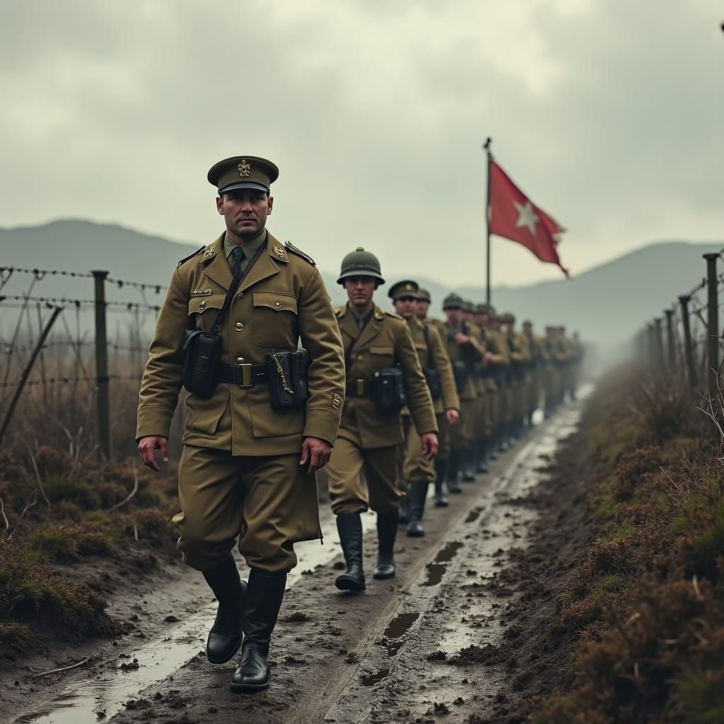World War I Soldiers Marching in Matte Painting Style