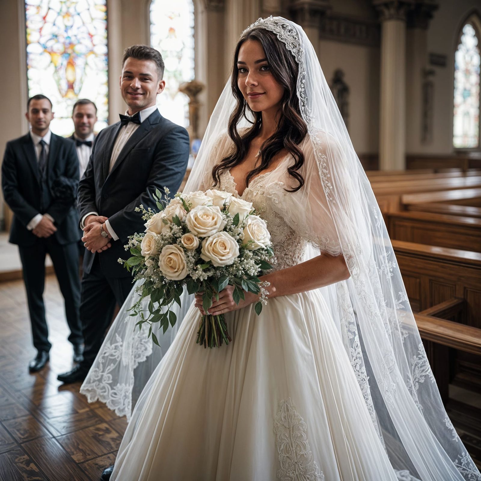 Brides in Lace Veils Walking Down Church Aisle