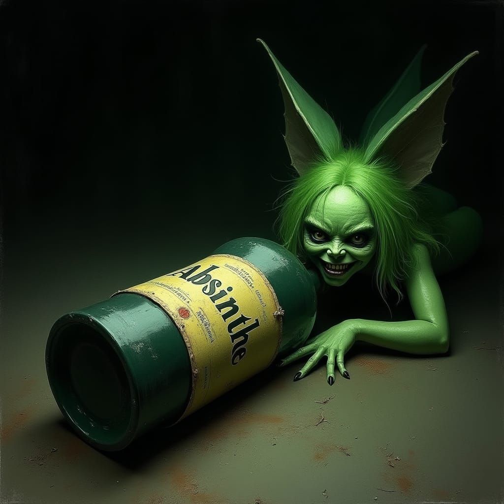 Eerie Absinthe Fairy with Antique Bottle