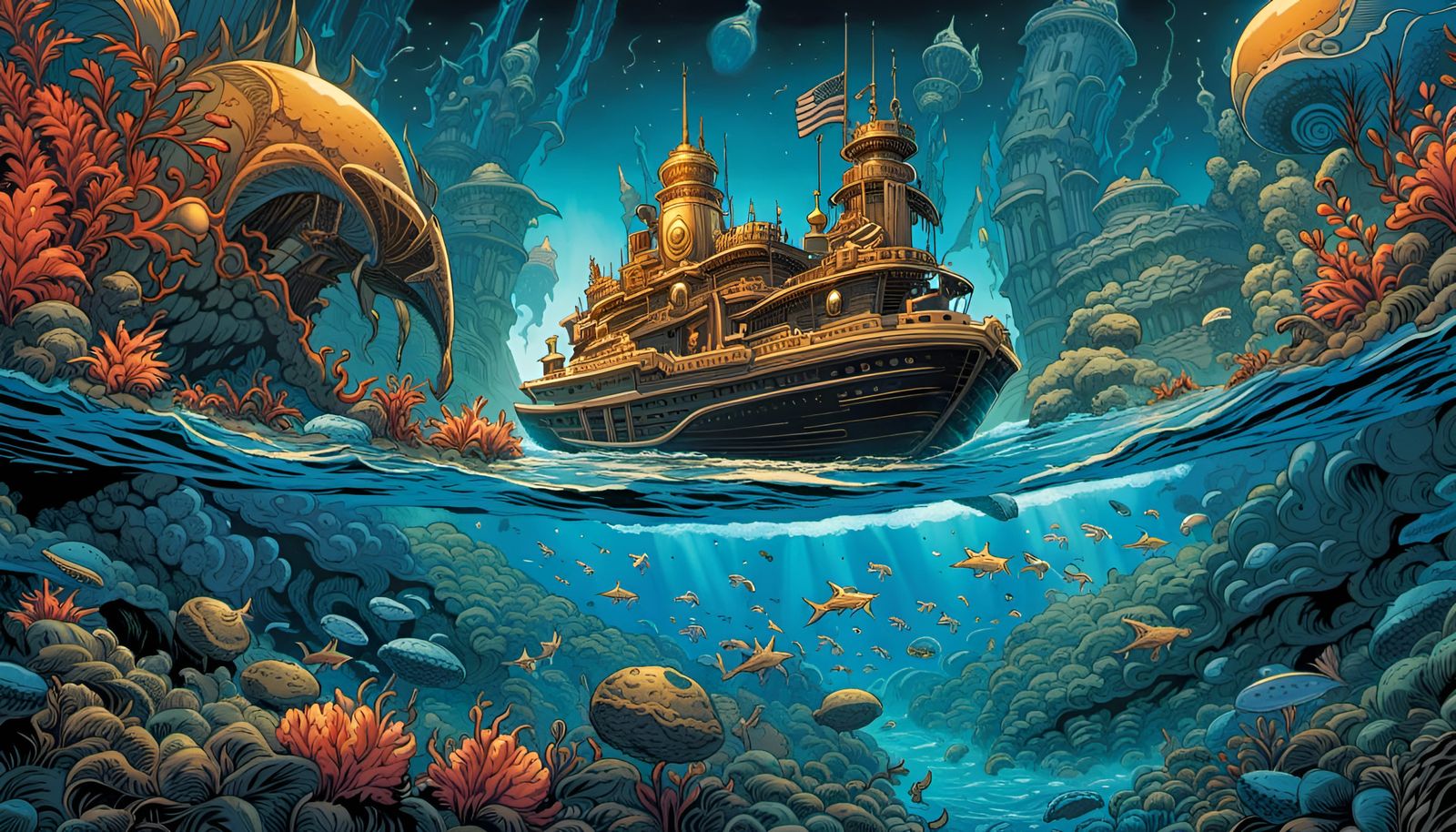 Blue Underwater World in Comic Book Style