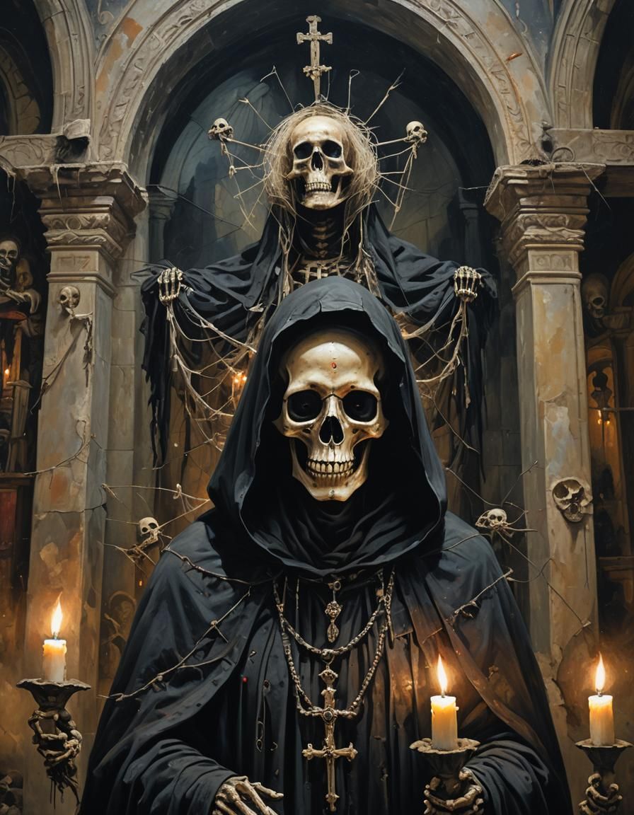 Dark Surrealism: Santa Muerte Portrait in Gothic Cathedral