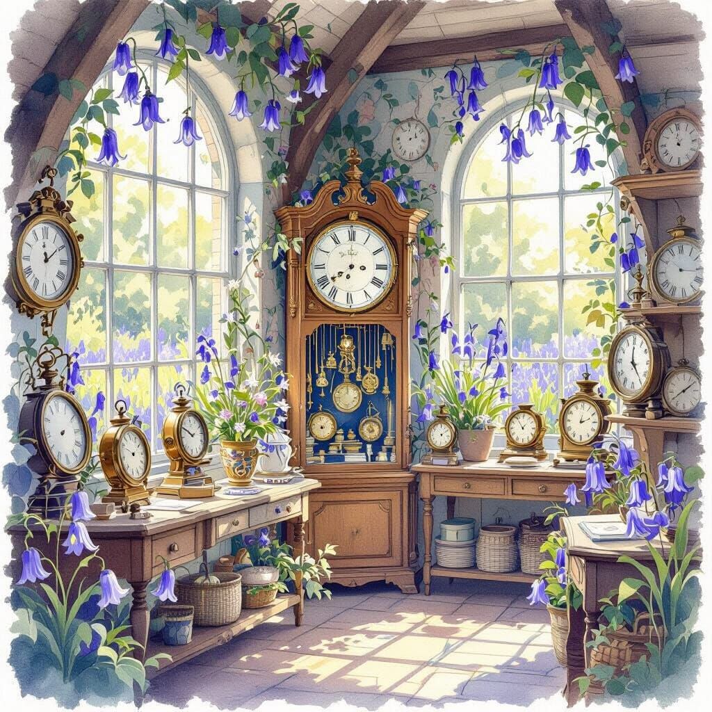 Vintage Clock Shop in Bluebell Wood, Watercolor Style