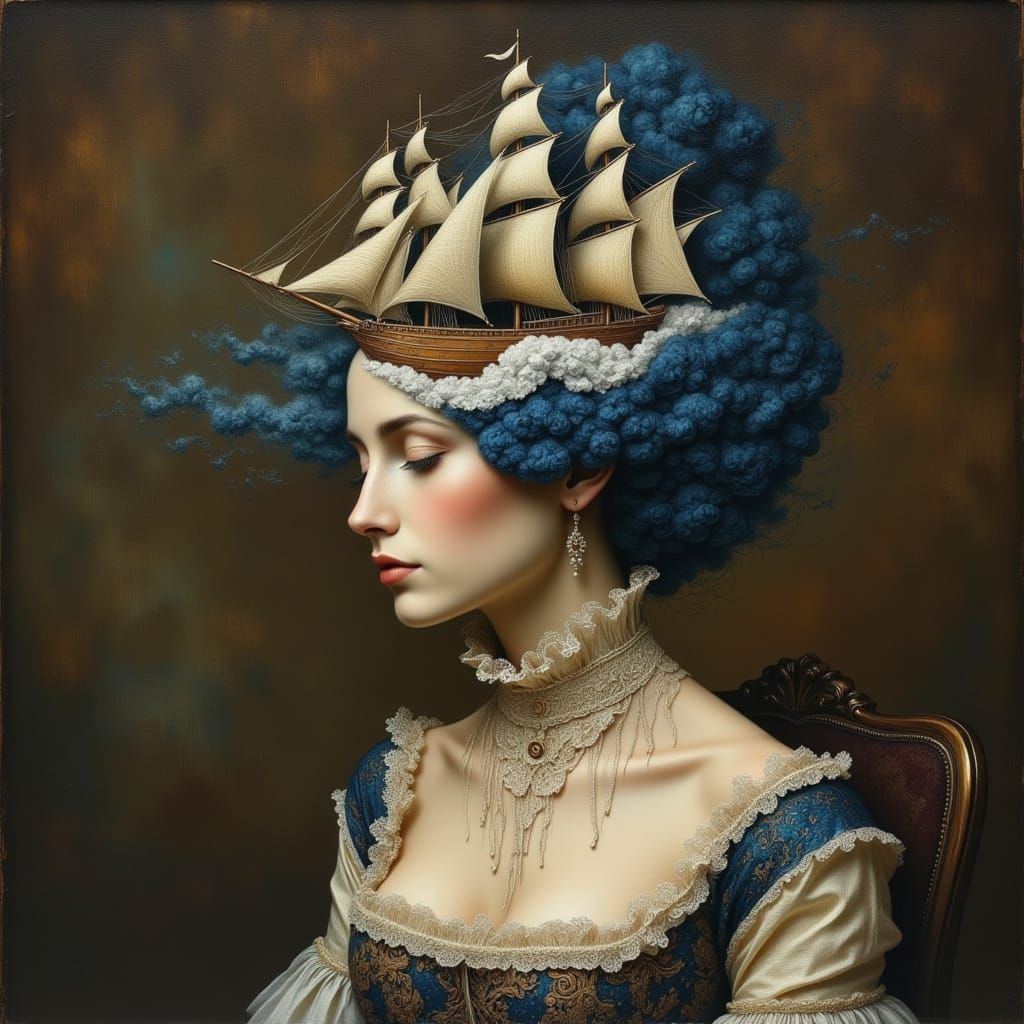 Noblewoman with Sailing Ship Coiffure as Oil Painting