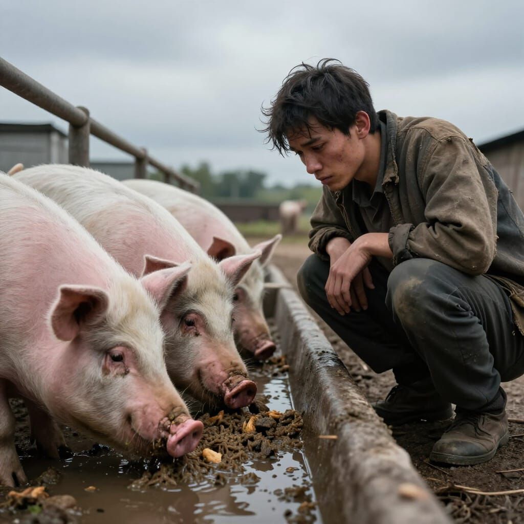 Prodigal Son's Despair: A Photorealistic Scene of Hunger