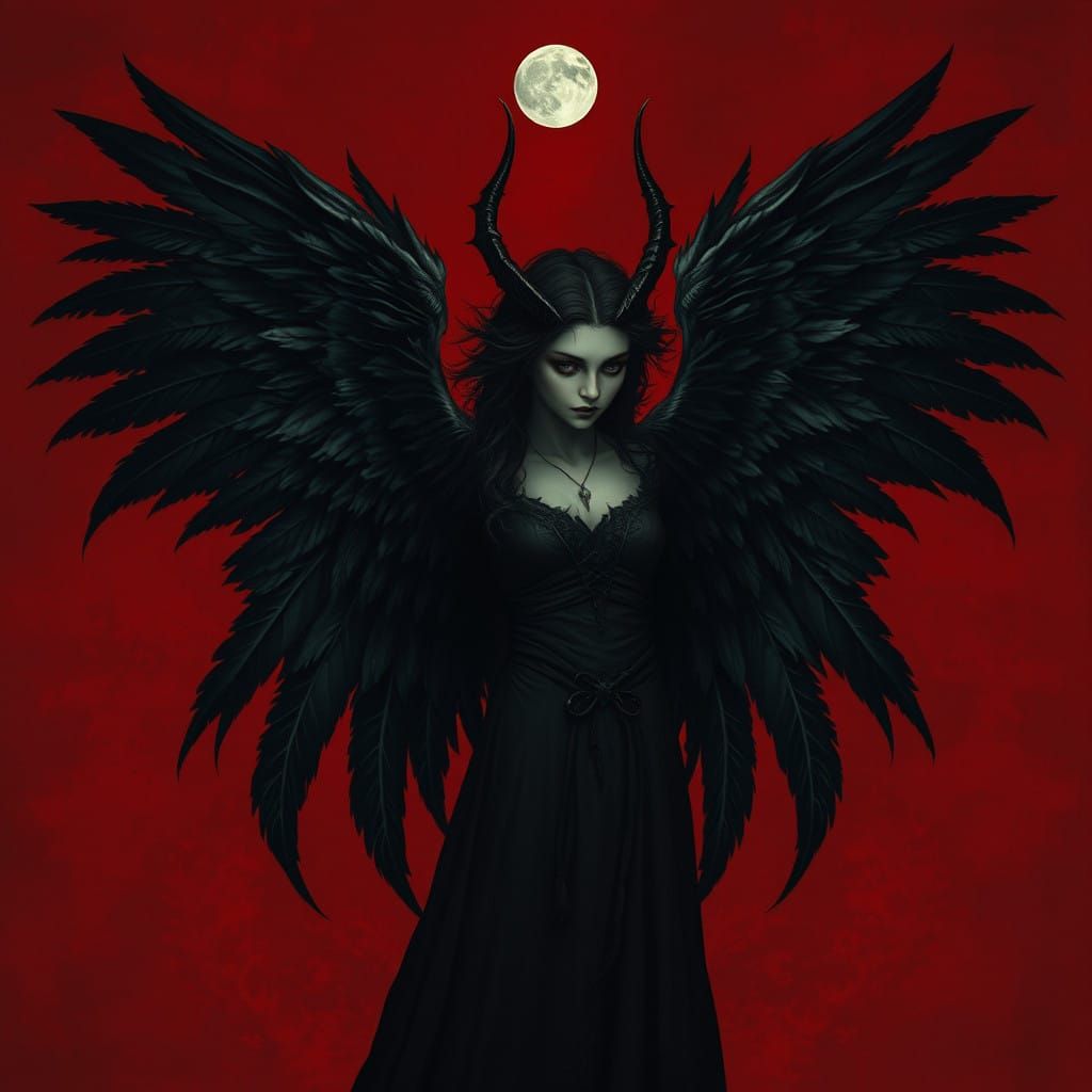 Gothic Dark Angel with Luxurious Black Feathers, Standing on...