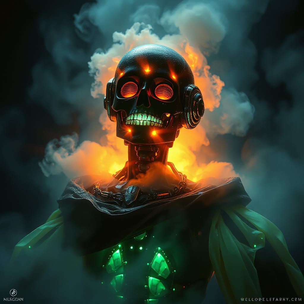 Soul Ascending from Robot Corpse in Bioluminescent Mist