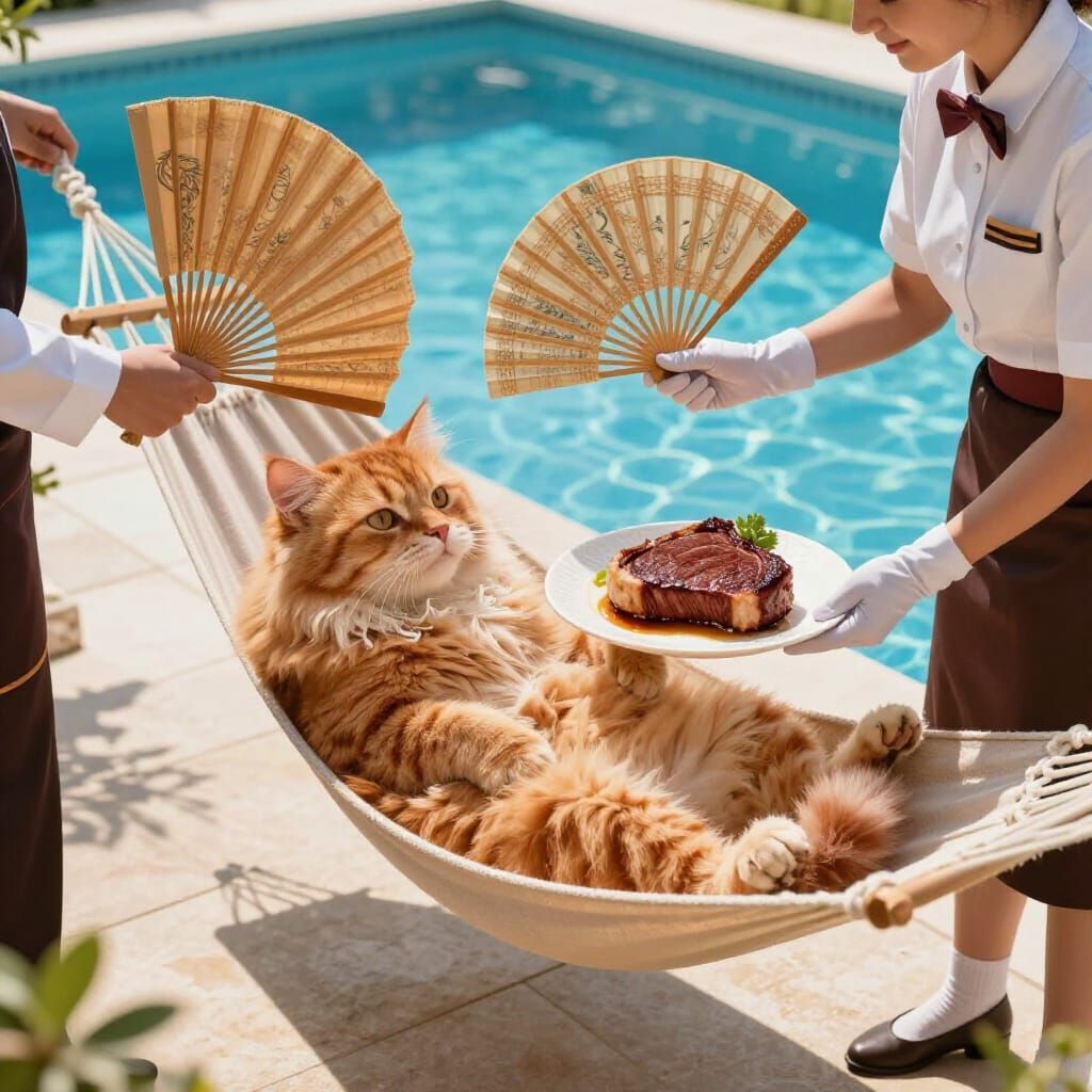 Pampered Ginger Cat Enjoys Luxury by Pool