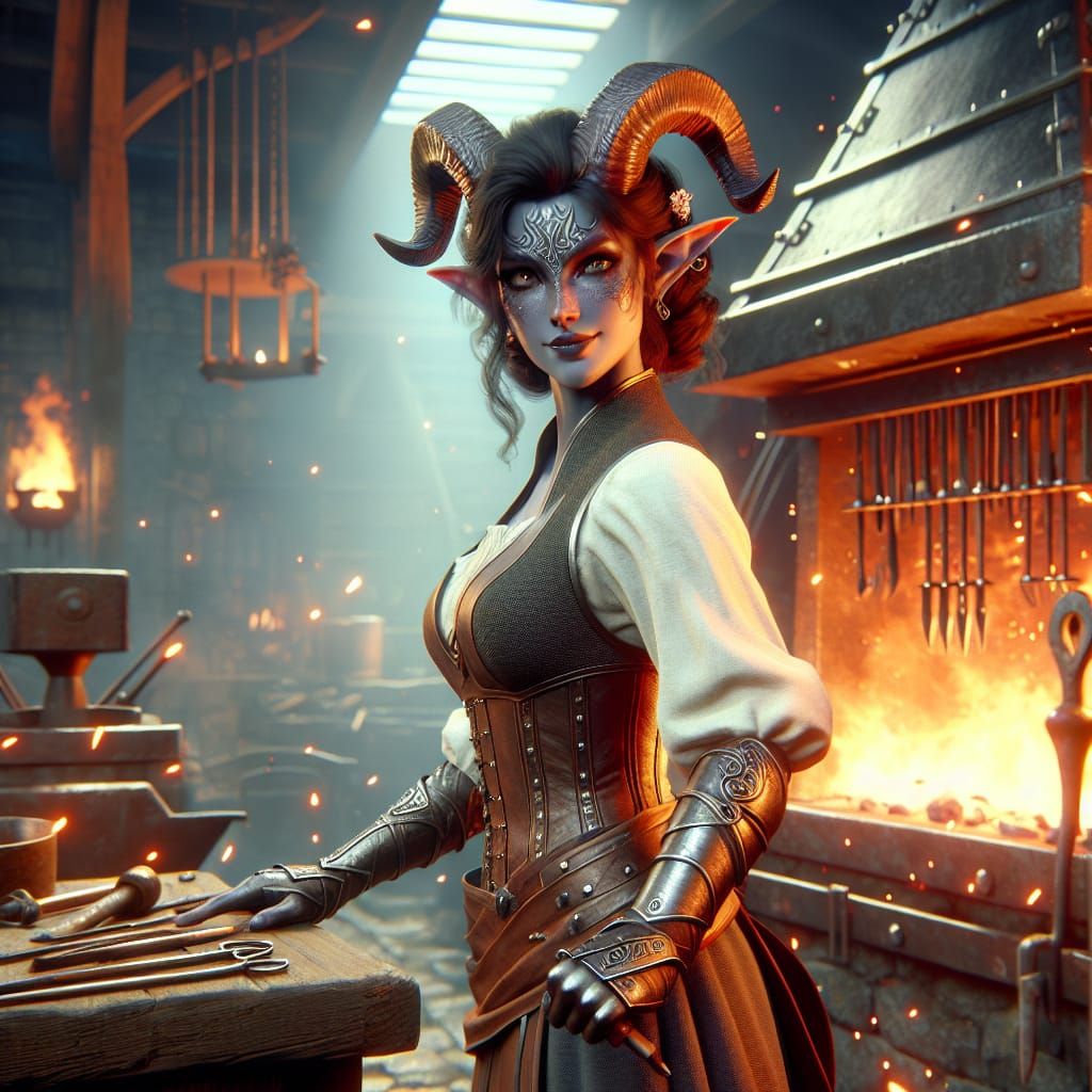 Tiefling Blacksmith in Dieselpunk Forge