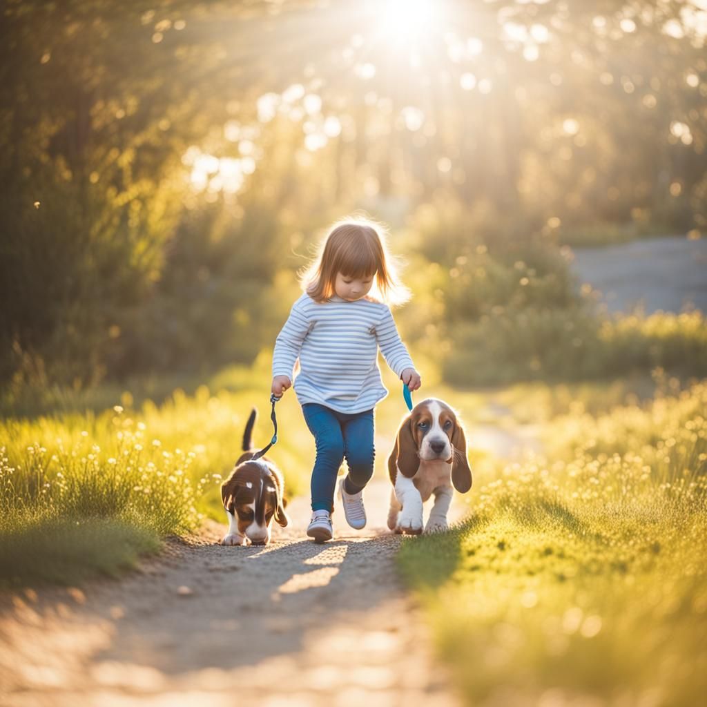 Basset Hound Puppy Plays with Toddler in Sunshine