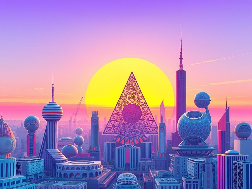 Surreal Sunset Arcology in Pastel Hues and Geometric Abstrac...