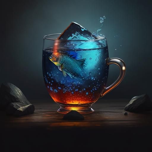 Fish Trapped in Cup: Vibrant Oil Painting