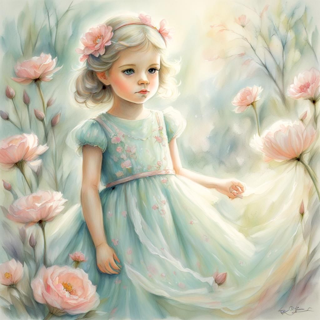 Ethereal Drawing of Little Girl Playing Dress-Up