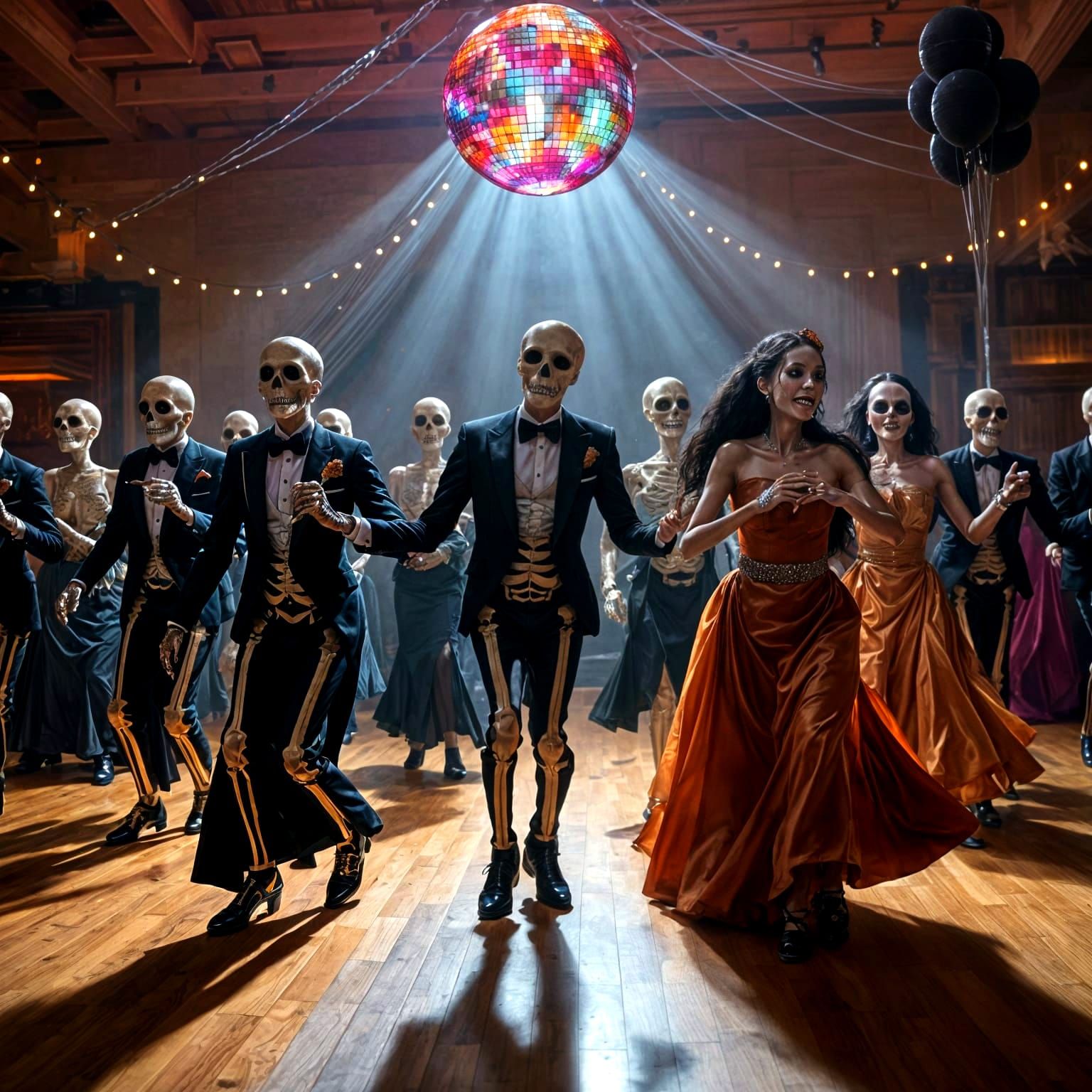 Skeletons' Spooky Dance Party in High School Gym