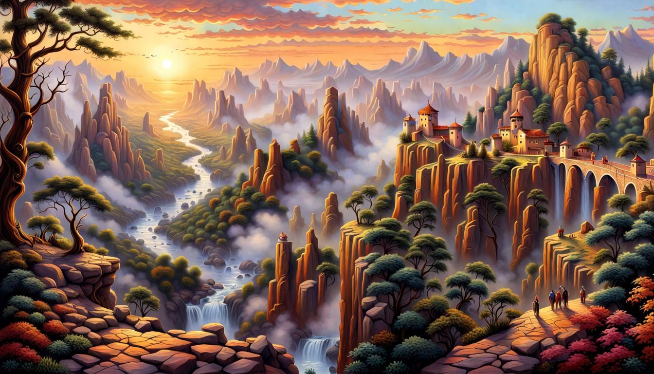 Iridescent Canyon at Golden Hour in Hyperrealism