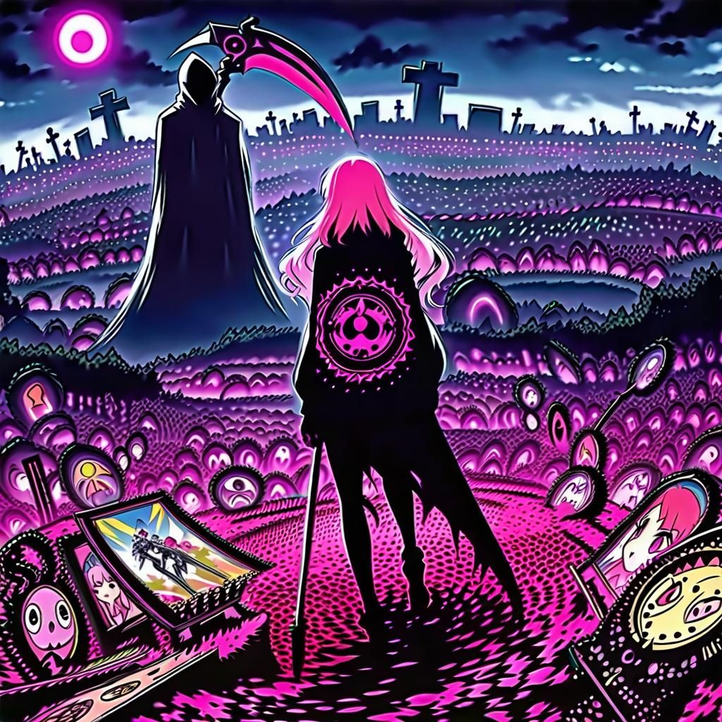 Anime Reaper with Scythe in Cemetery