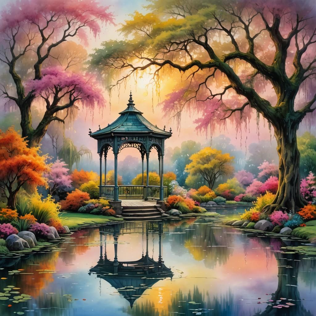 Garden Pond with Weeping Willow and Victorian Gazebo