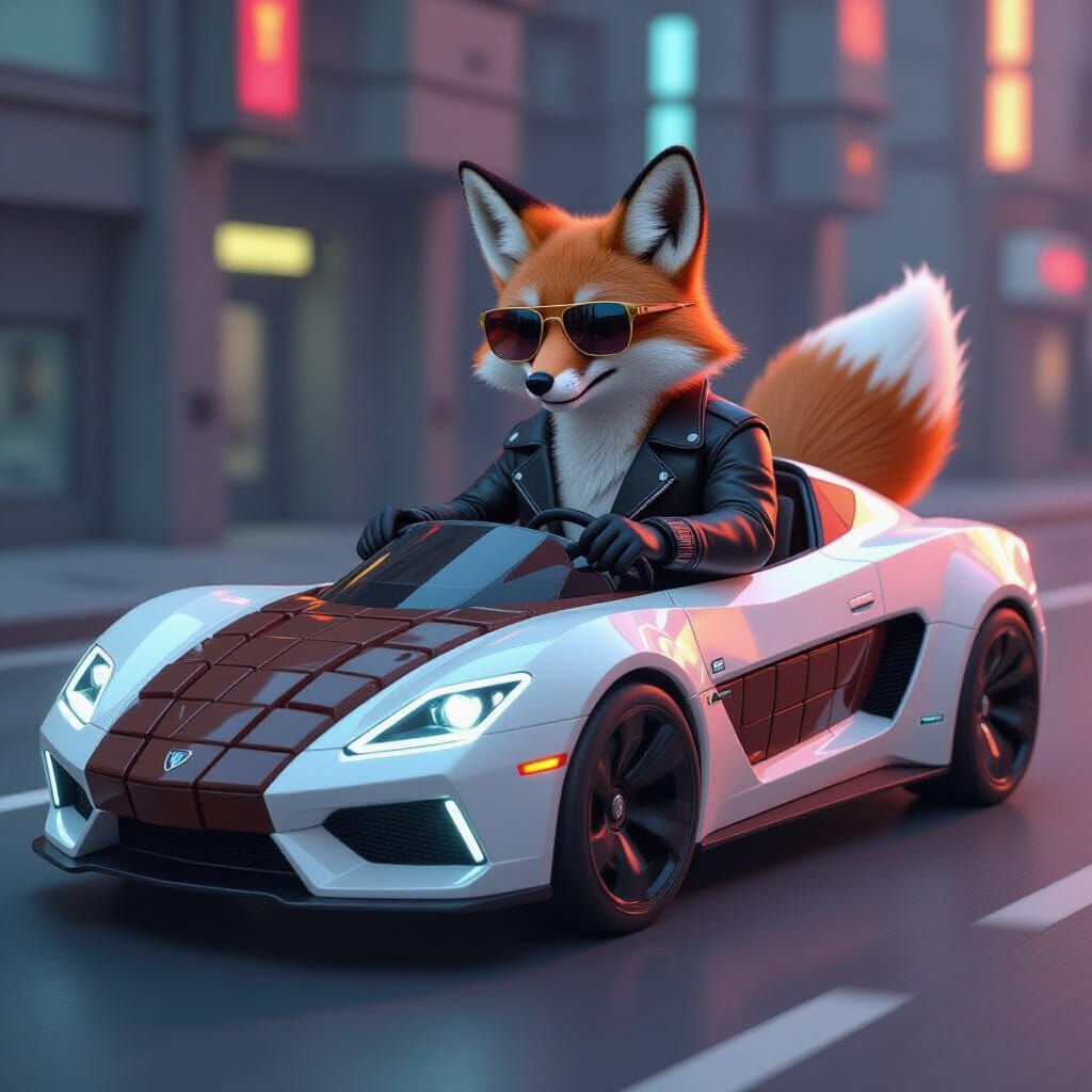 Fox Drives Chocolate Car in Neon Noir Style