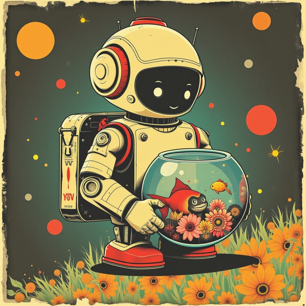 Cute Robot Holding Fishbowl in Retro Style