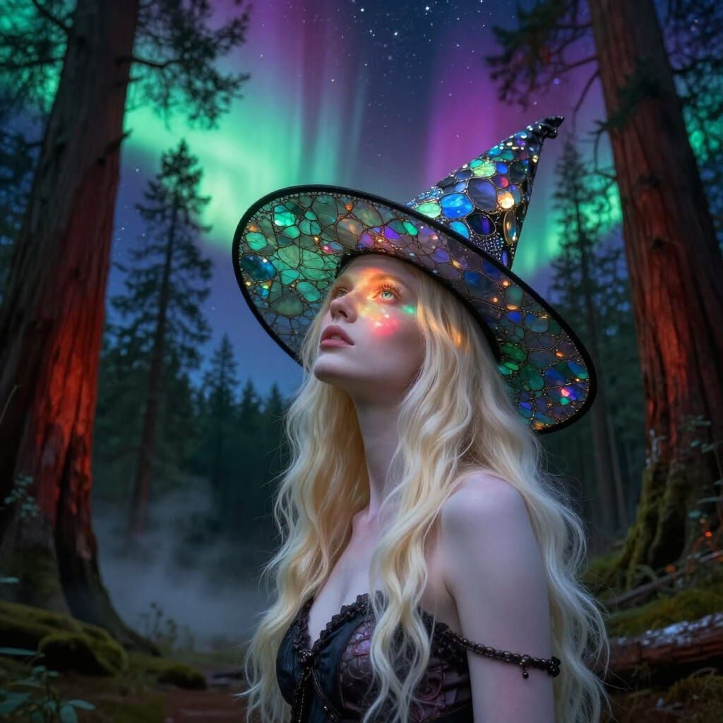 Albino Supermodel Under Swedish Aurora in Redwood Forest