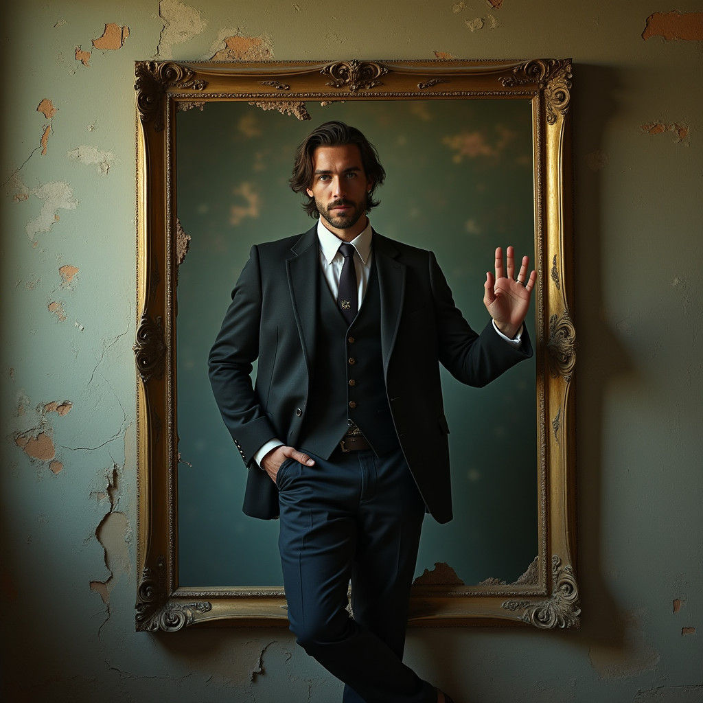 Man Emerges from Canvas in Fantasy Scene