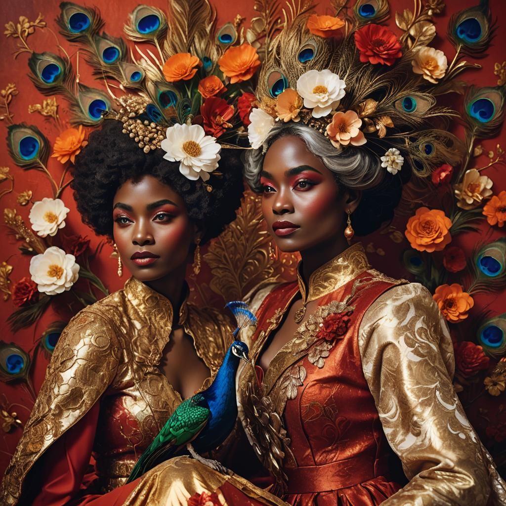 Regal Women with Peacock Feathers: Cinematic Portrait