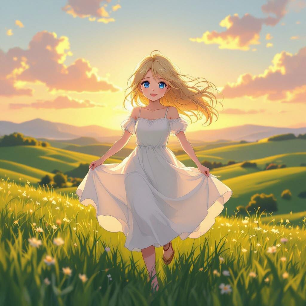 Anime Girl Running Through Golden Hour Hills