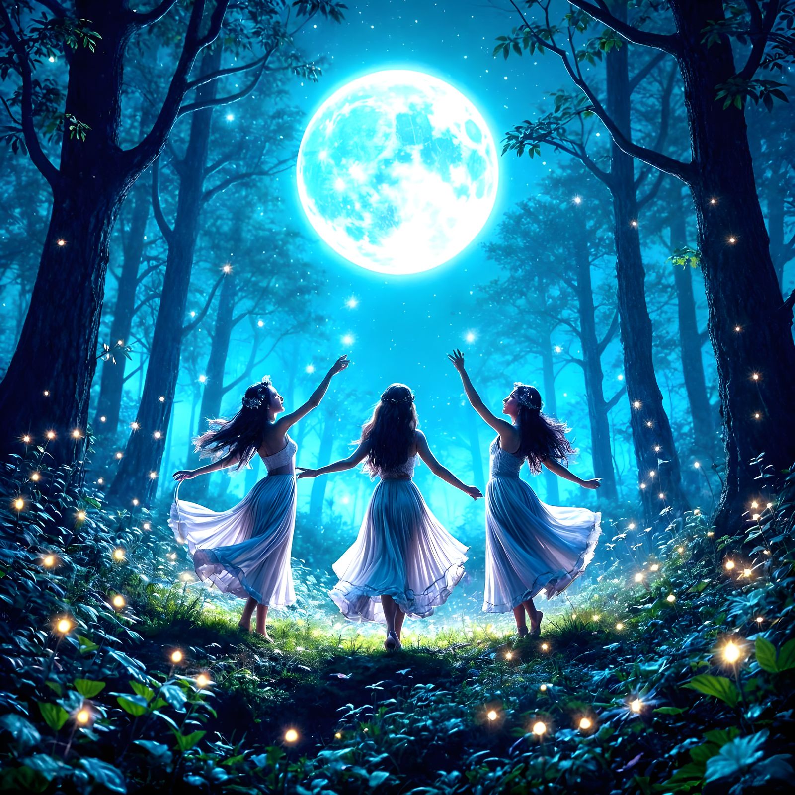 Nymphs Dancing in Bioluminescent Forest: 3D Rendered