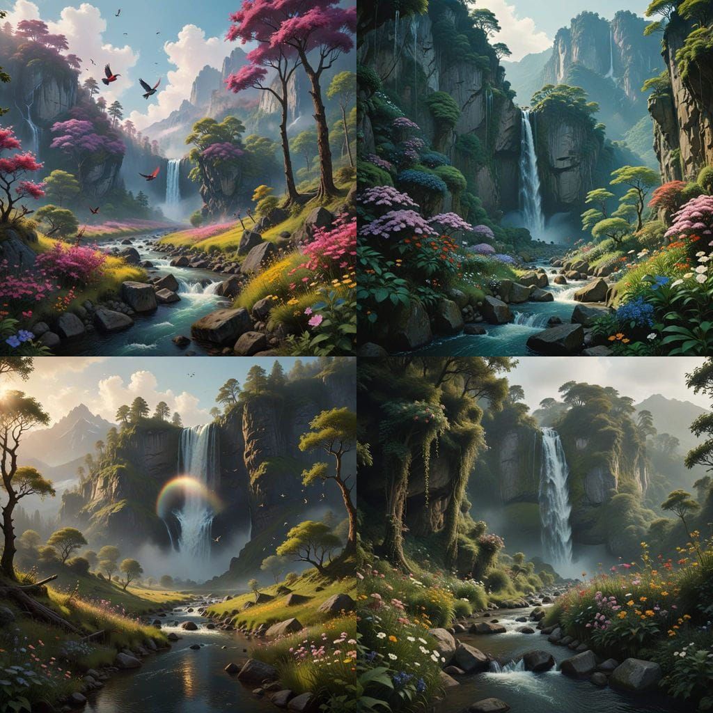 Lush Mountain Oasis with Whirling Blooms and Melodic Birds