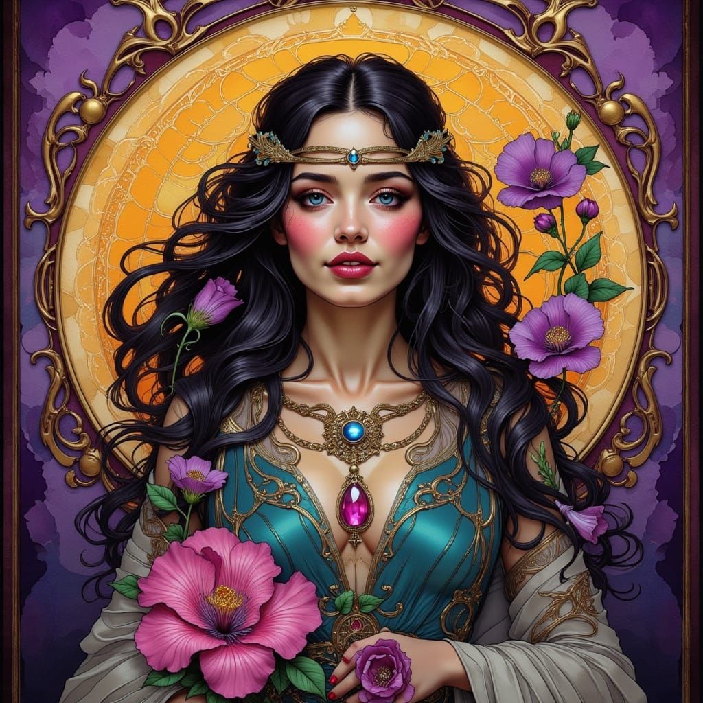 Gothic Fae Queen Adorned with Jewels and Flowers
