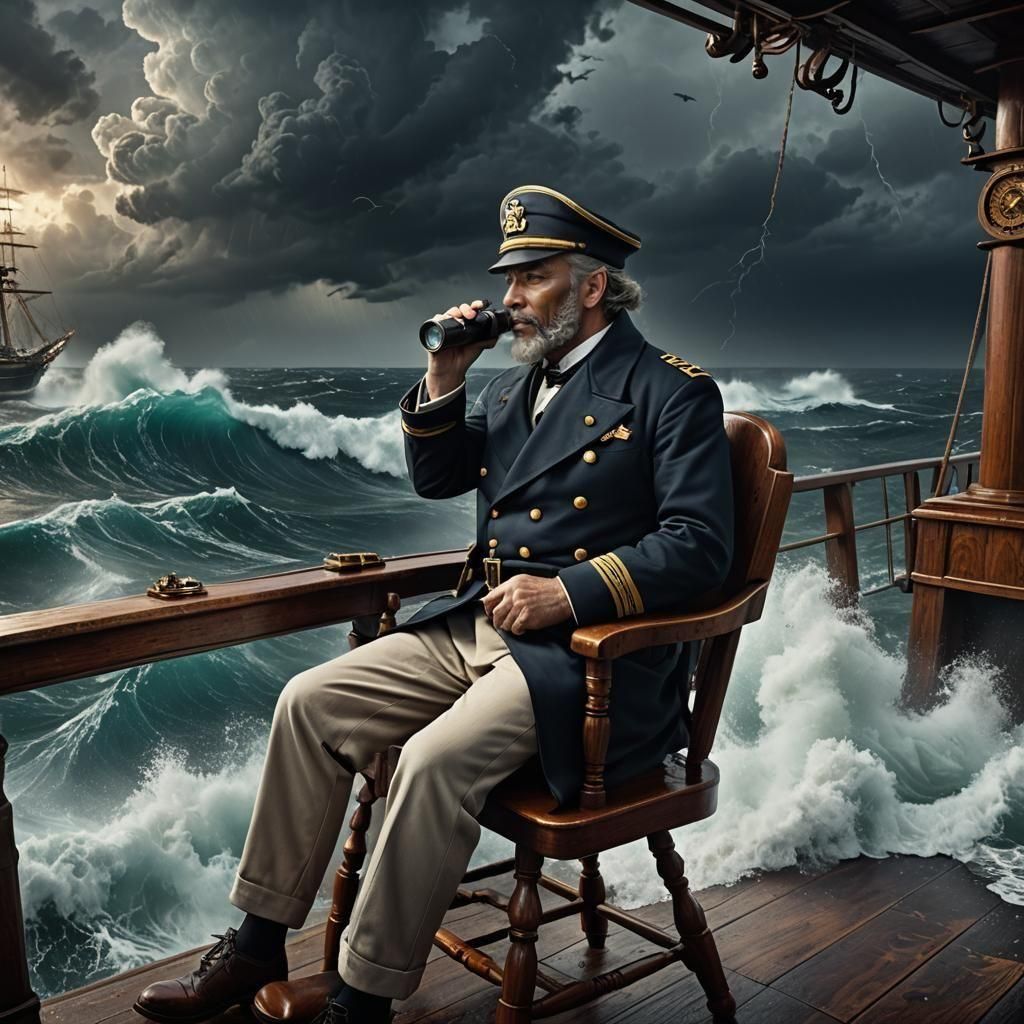 Sea Captain Observes Stormy Sea: Detailed Matte Painting