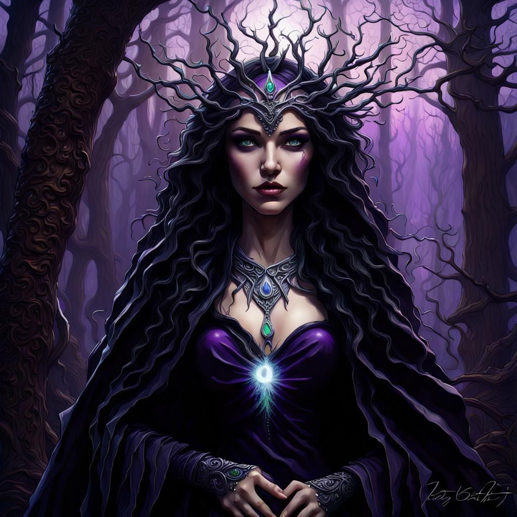 Dark Fae Goddess in Mystical Forest: Digital Art