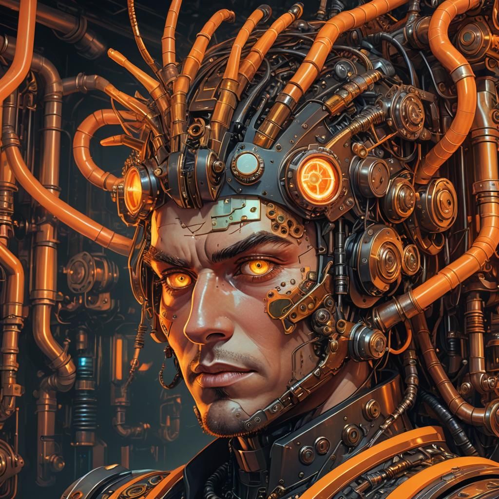 Steampunk Robot Punk with Neon Mohawk, Digital Art