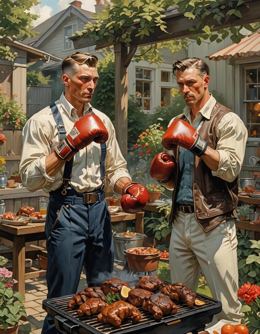 Backyard Boxing Training, Art Nouveau Illustration