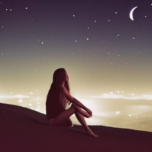 Girl in Moonlight Under Starry Night Sky