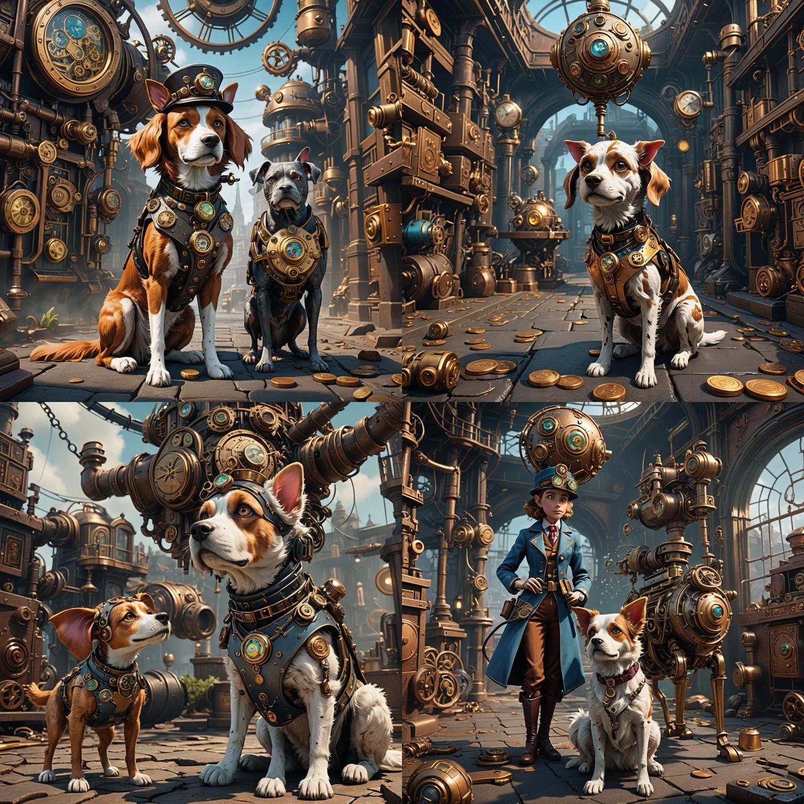 Steampunk Cyborg Dog Detectives in Detailed Matte Painting