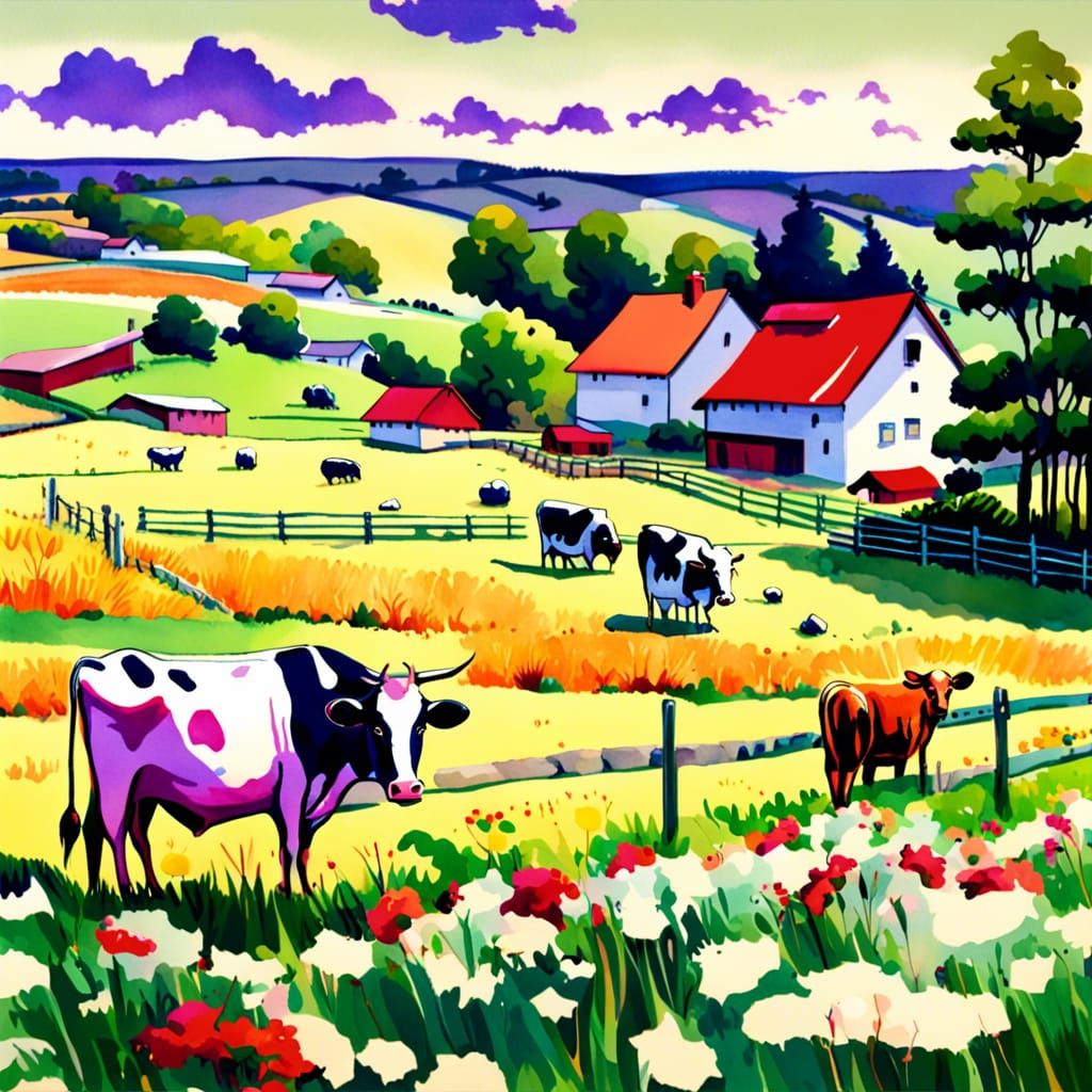 Pastoral Farm with Grazing Cows in Anime Style