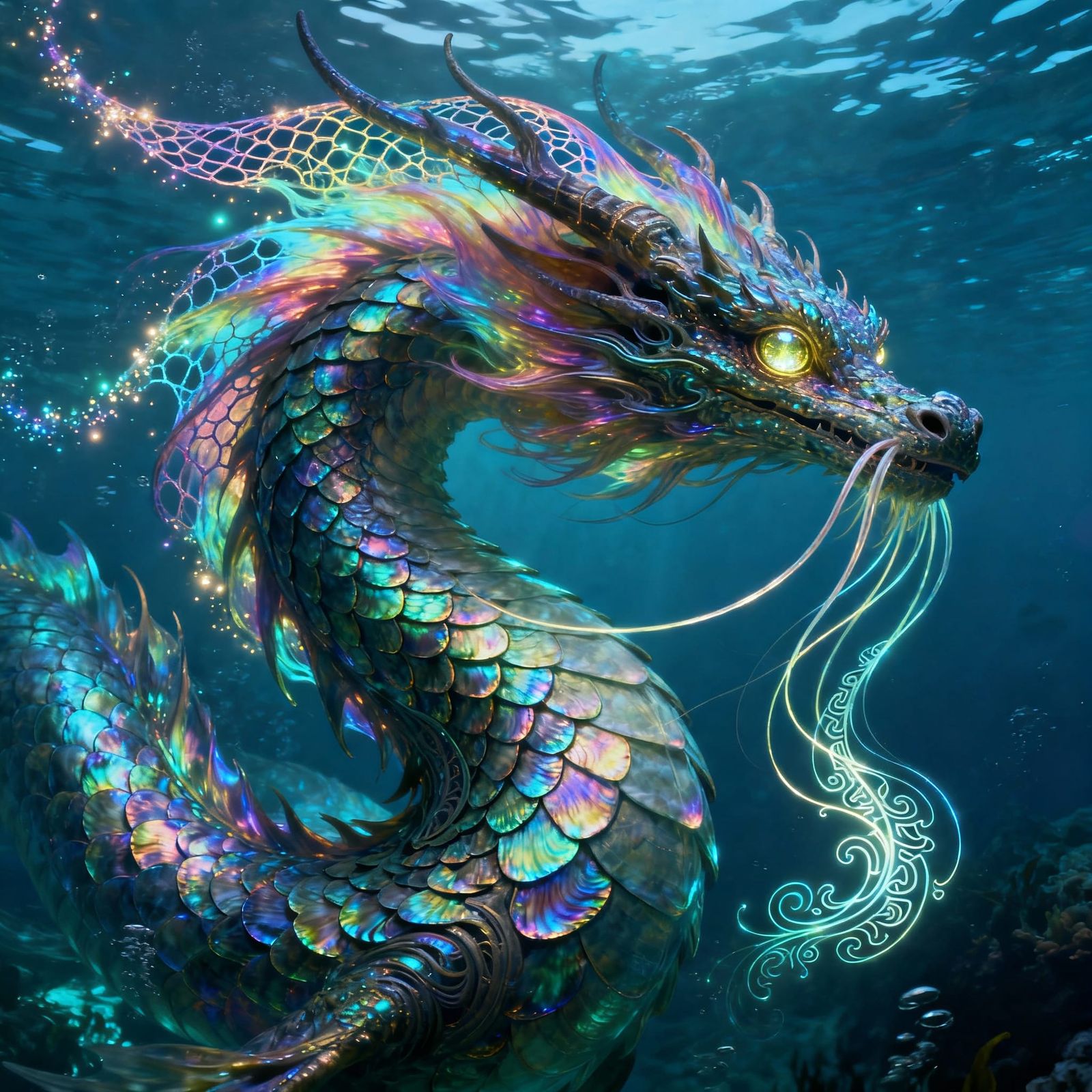 Iridescent Sea Dragon with Aurora Mane in Deep Sea