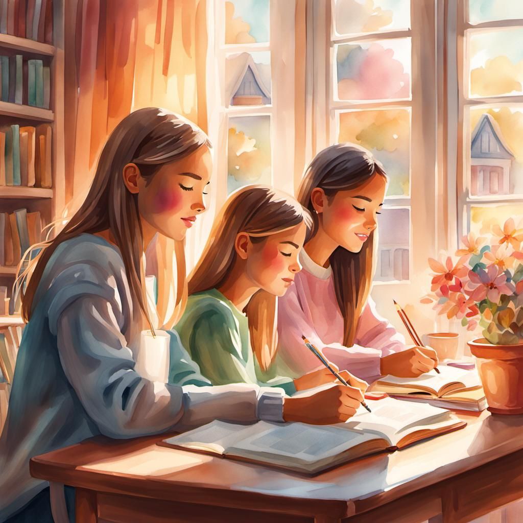 Cozy Watercolor of Three Friends Studying at Home
