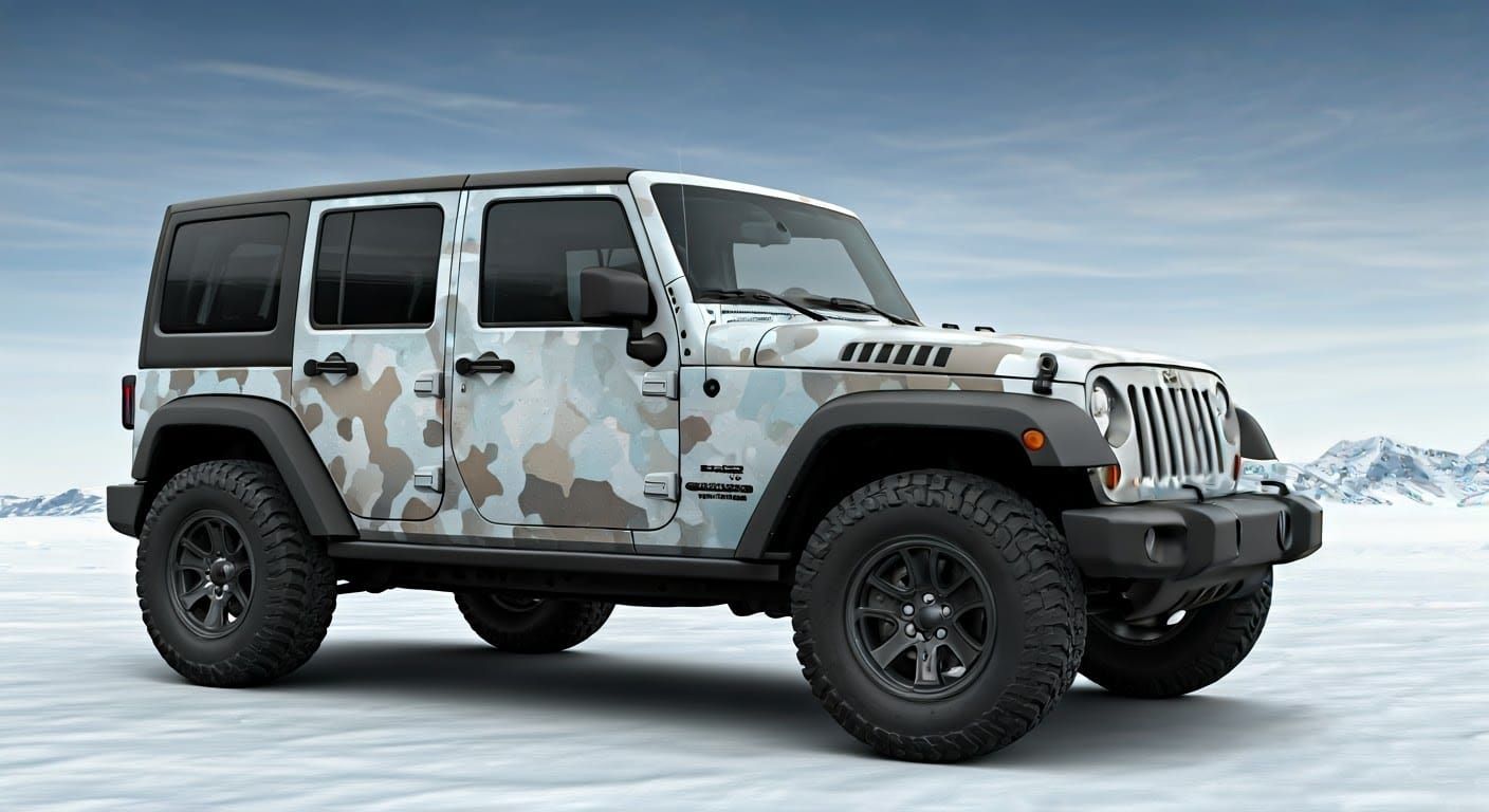 Camouflaged Jeep Wrangler in Winter Landscape