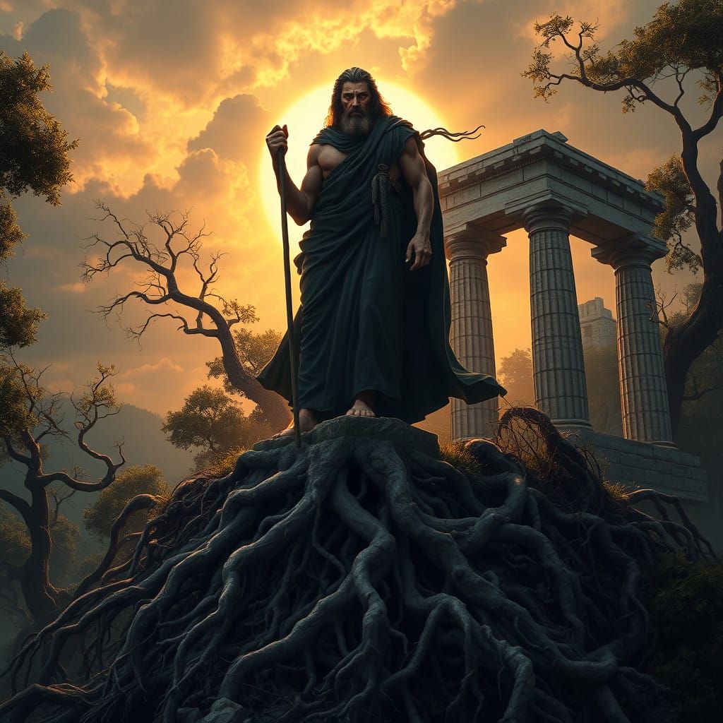God of Mortality Amidst Ancient Ruins in Greek Mythology