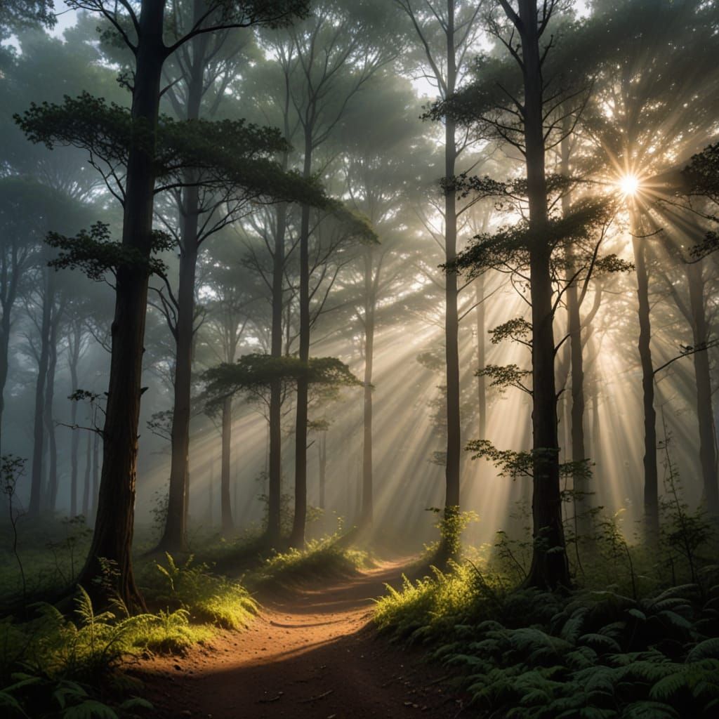 Ethereal Forest Sunbeams Through Fog
