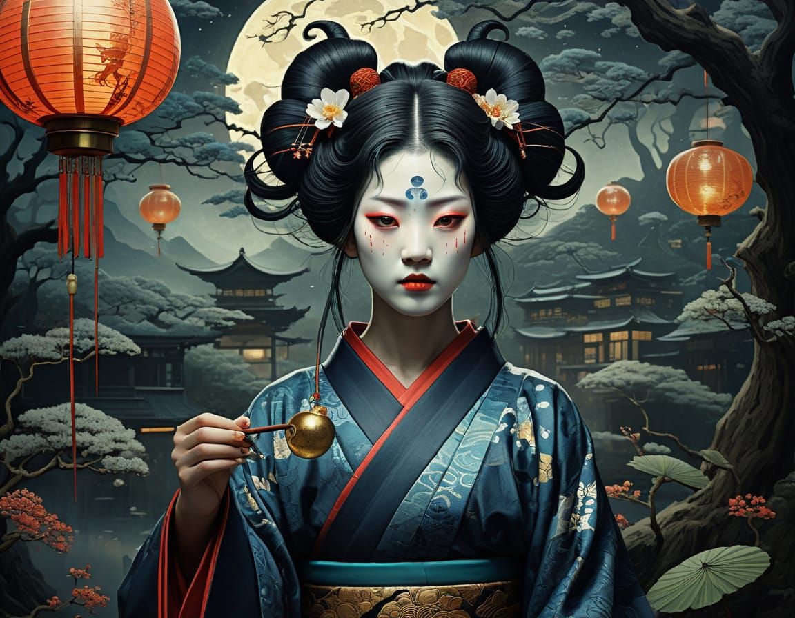 Surreal Oni Geisha Explores Astral Dreamscapes in Iridescent...