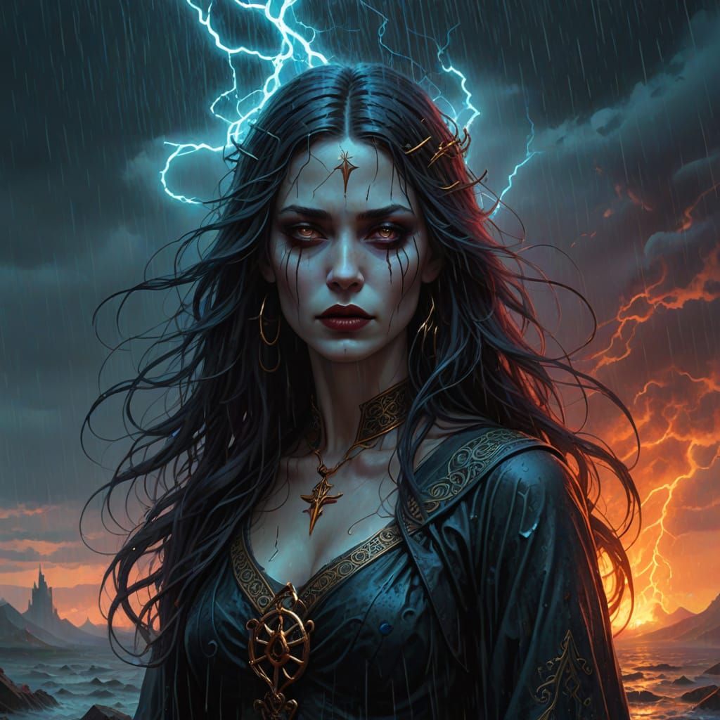 Regal Goddess in Stormy Night Sky, Fantasy Concept Art in De...