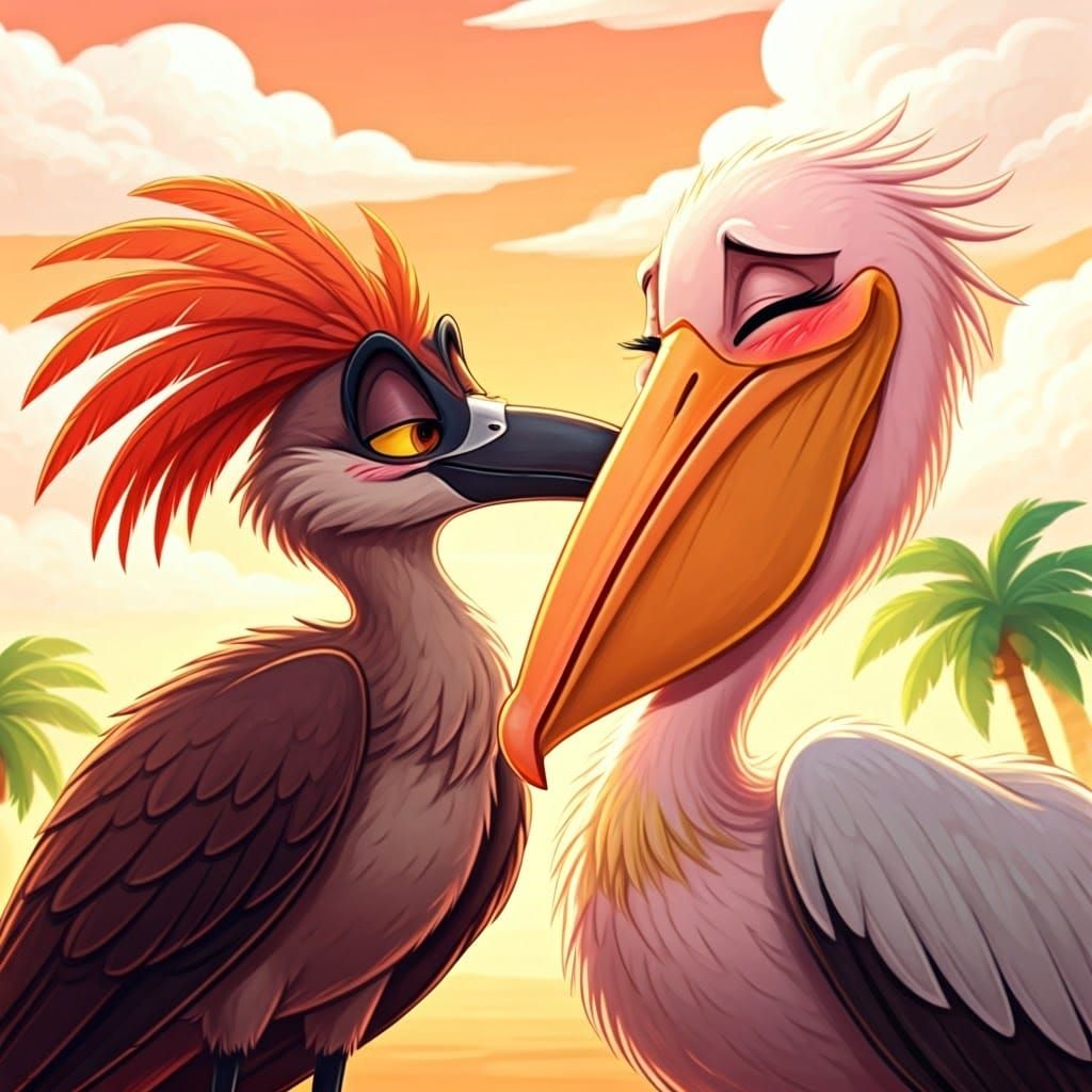 Vibrant Hamerkop Courting a Blushing Pelican in Whimsical Ca...