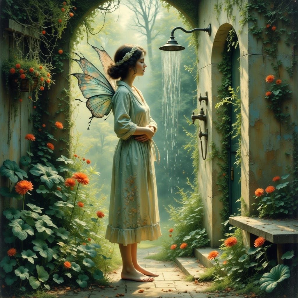 Fairy in Shower Surrounded by Lush Garden