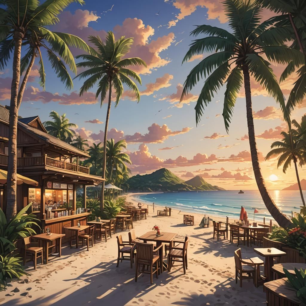 Tropical Beach Sunset in Anime Key Visual Style