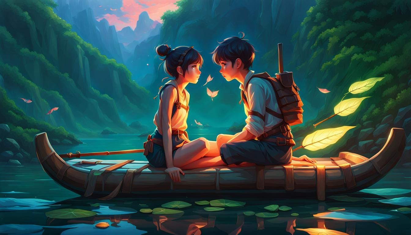 Fantasy Kiss on Raft with Lush Landscape