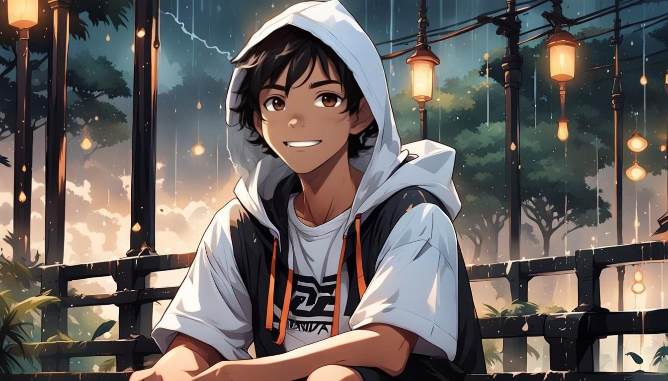 Anime Boy in Rainy Amazon Dusk Scene